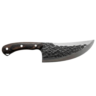 Cuchillo de campamento con hoja curva forjada y funda de cuero
