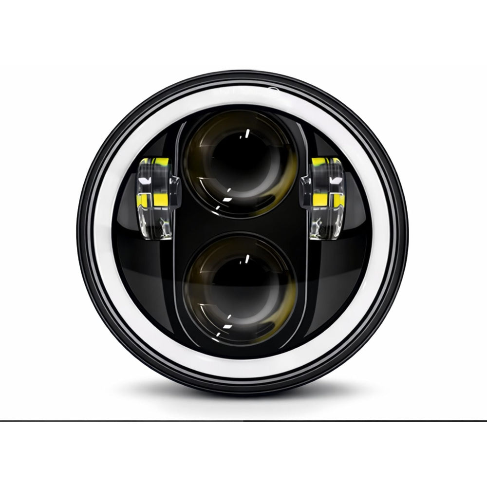 Faro LED redondo con halo DRL y direccional ámbar integrada para moto