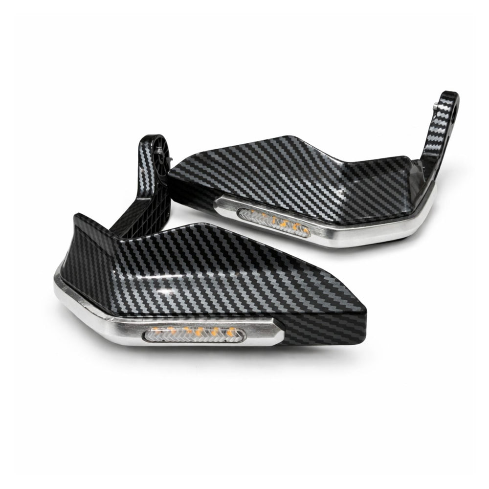 Cubremanos racing con luz LED ámbar y acabado tipo fibra de carbono