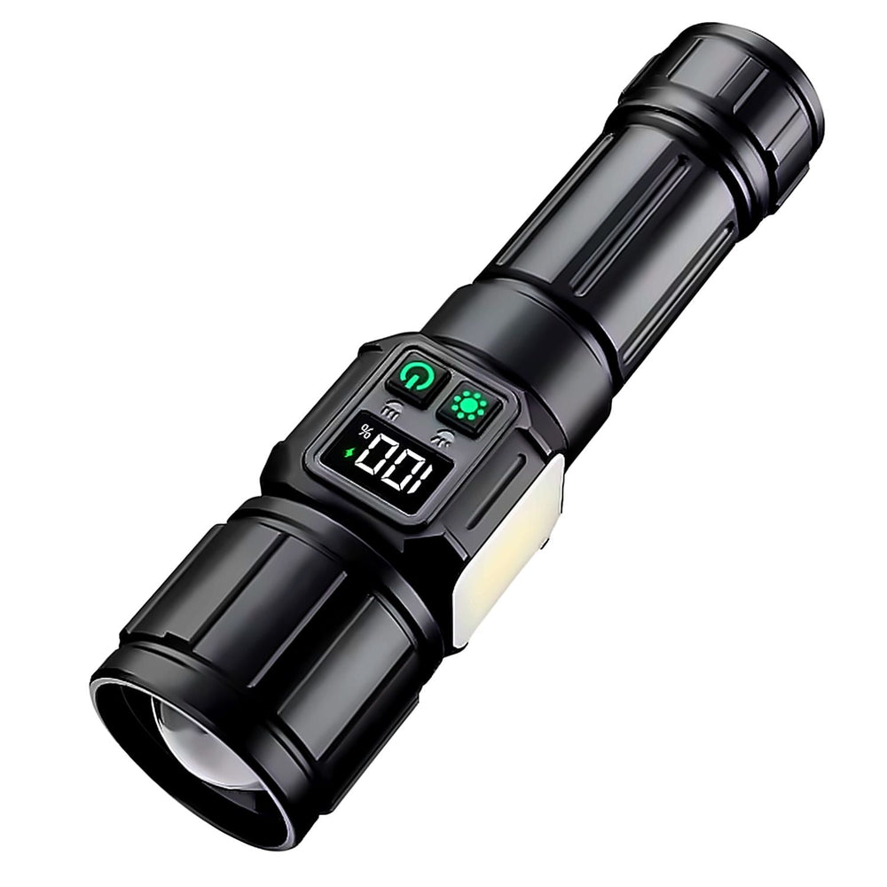 Linterna LED power bank con COB lateral, 9 modos y resistencia IP67