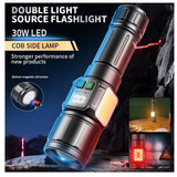 Linterna LED 30W con zoom, luz COB lateral, imán y estuche — imagen 7 de 8