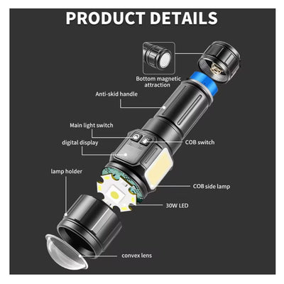 Linterna LED 30W con zoom, luz COB lateral, imán y estuche