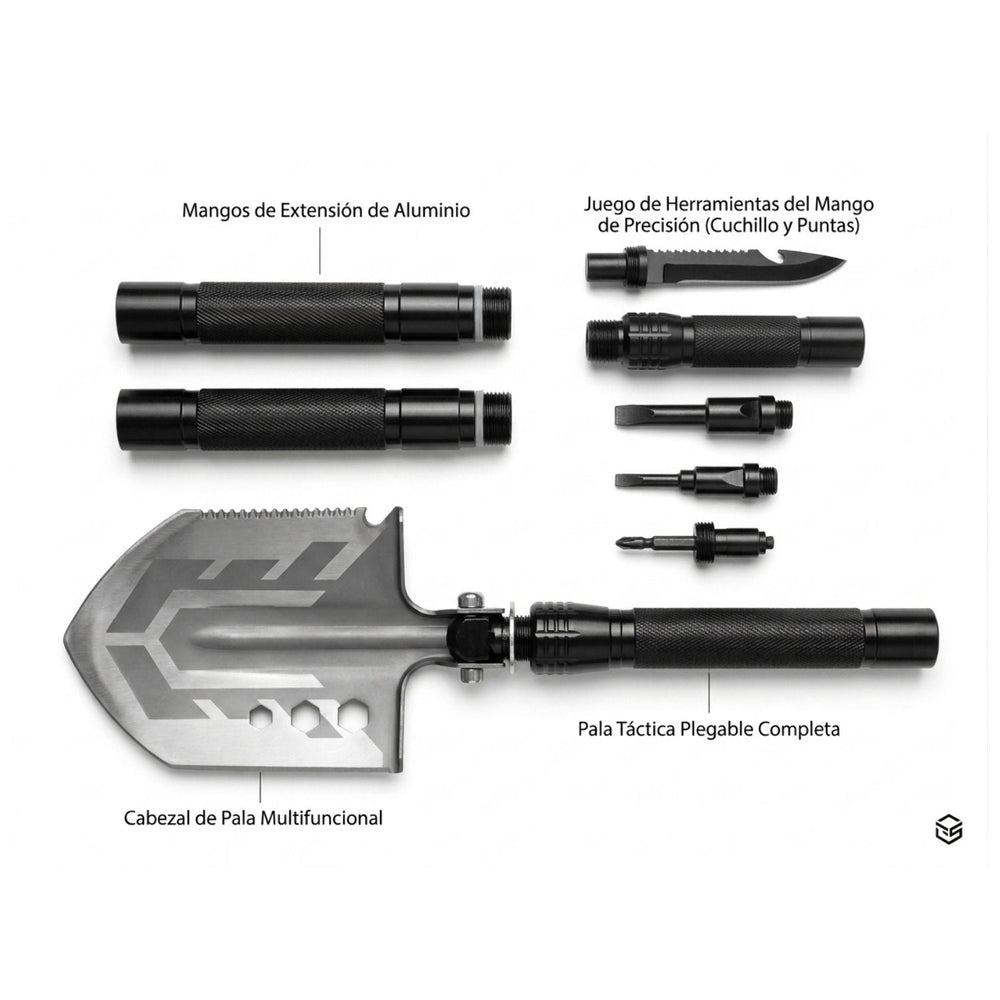 Pala táctica modular plegable con cuchillo, silbato y sistema roscado en negro