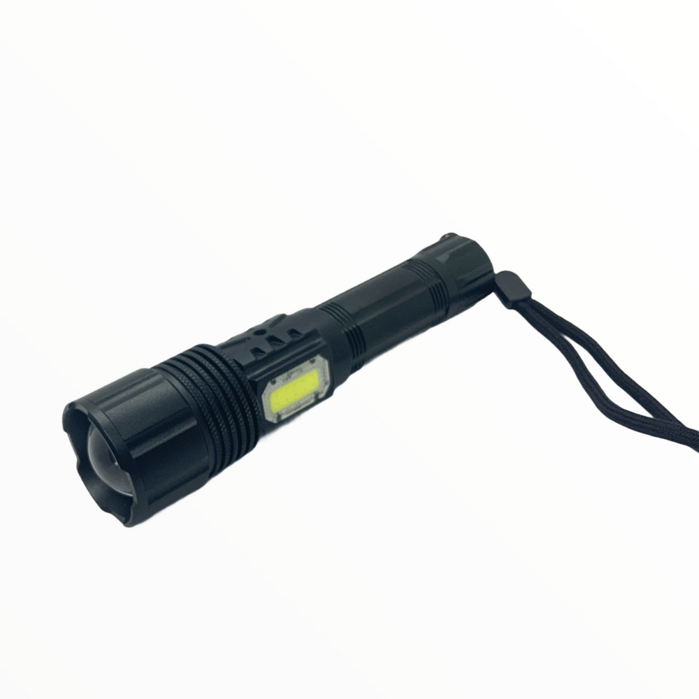 Lámpara LED T9 táctica con zoom, luz COB lateral y batería 18650