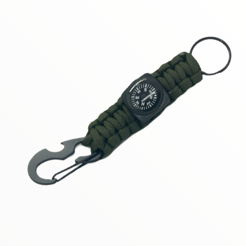 Llavero paracord táctico con destapador, brújula y mosquetón