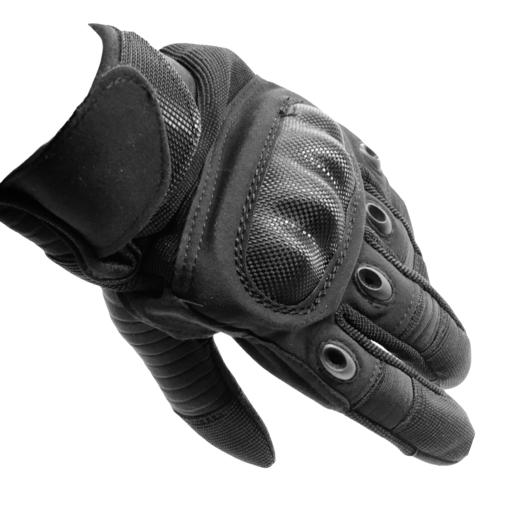 Guantes tácticos negros con dedos touch y protección en nudillos
