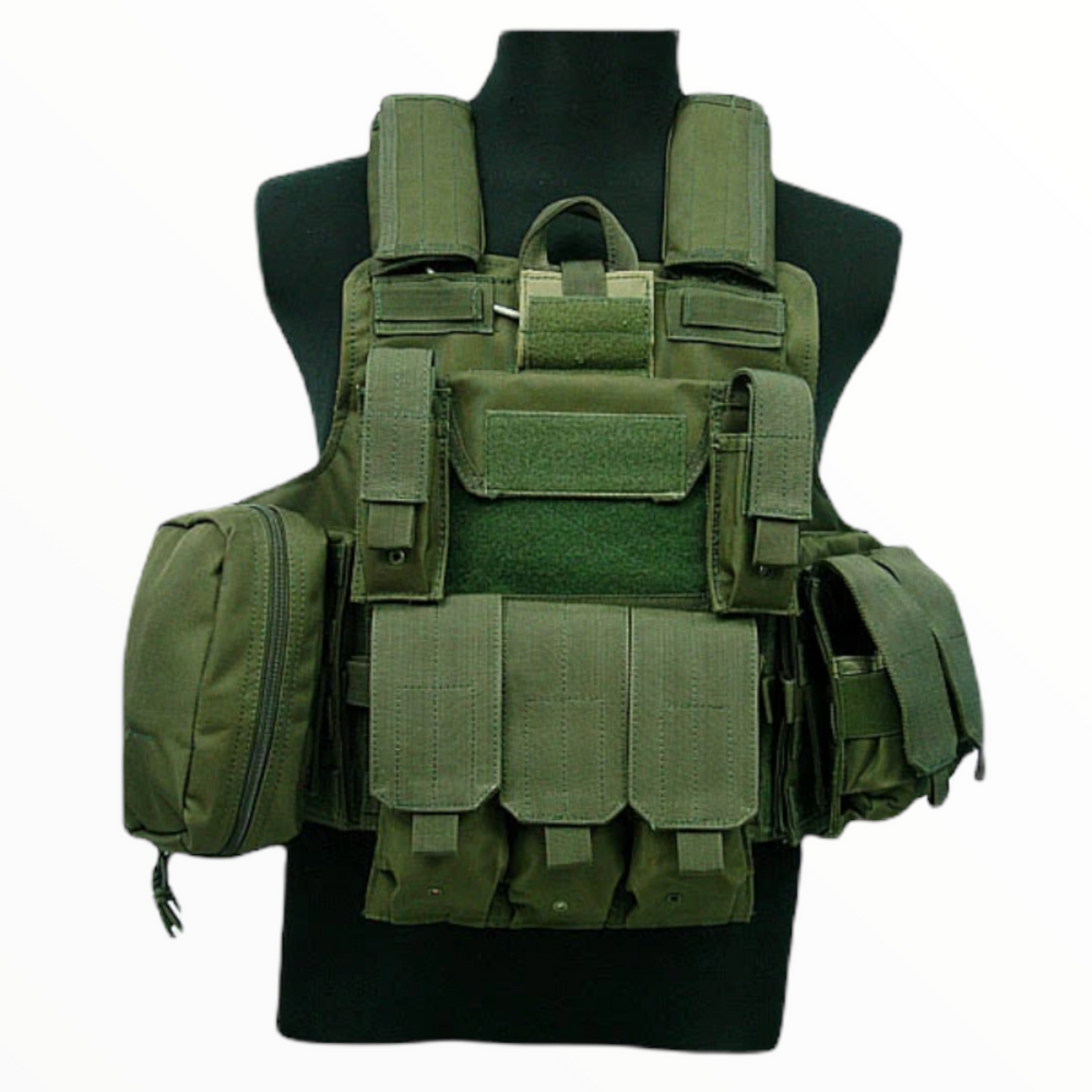 Chaleco táctico MOLLE con portacargadores 5.56, 9mm, botiquín y radio