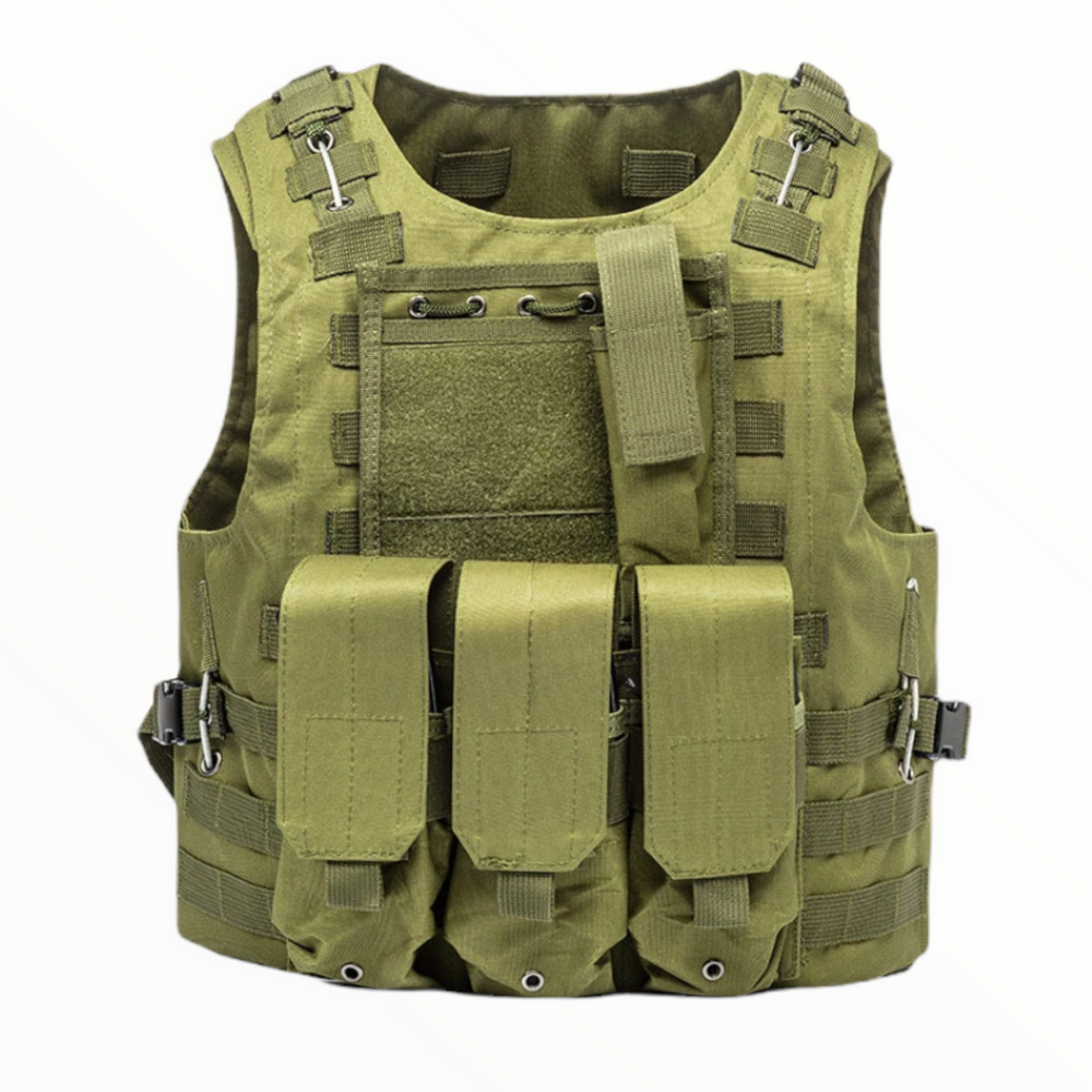 Chaleco táctico con bolsas desmontables y sistema MOLLE en tres colores