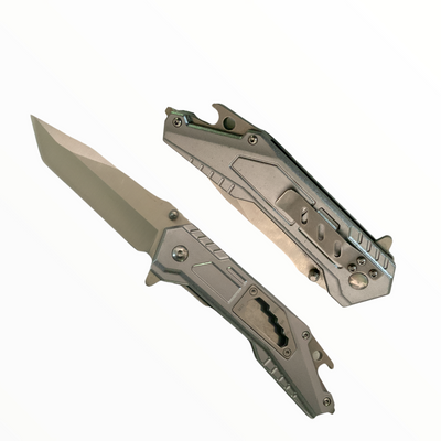 Navaja plegable con destapador y quita tuercas, disponible en negro o plata