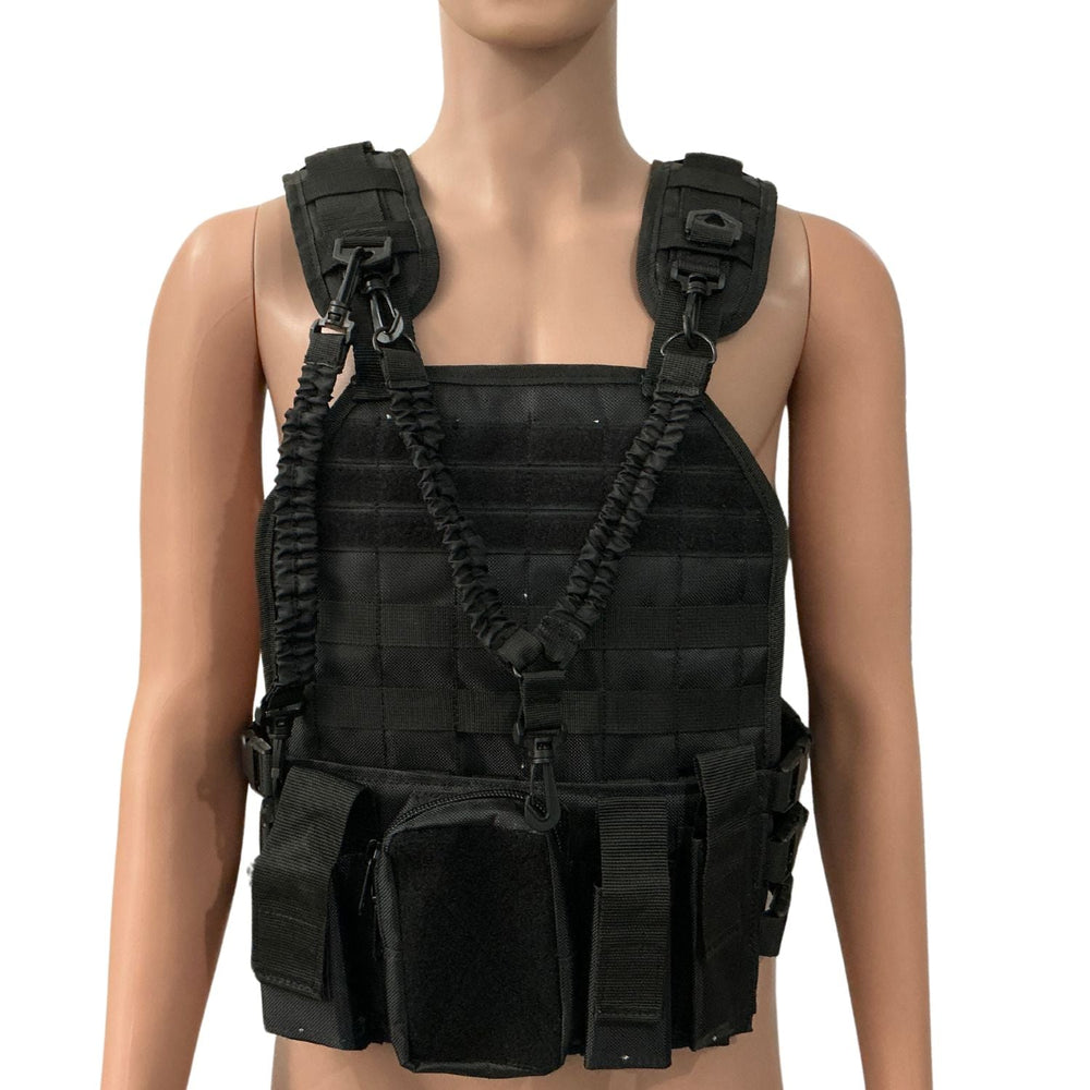 Chaleco bungee con portafusil y compartimentos porta accesorios