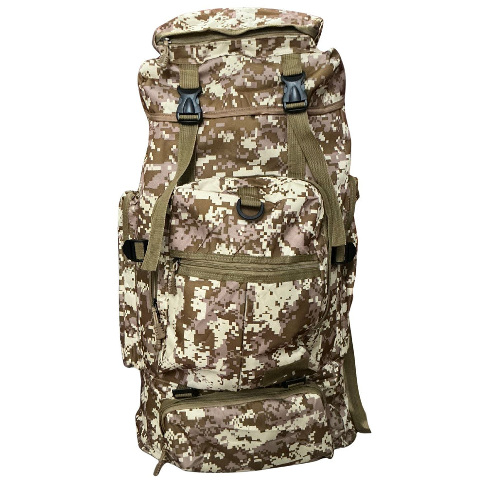 Mochila de senderismo de 75 litros con soporte de aluminio en café pixel