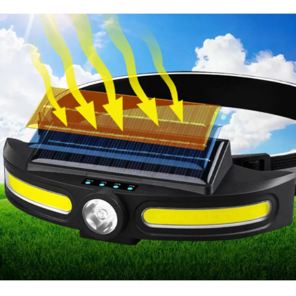 Linterna frontal LED con carga solar y ajuste de ángulo a 45 grados