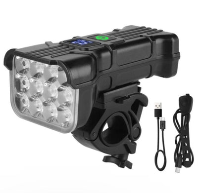 Luz frontal LED de 12 luces con bocina integrada montada en manubrio de bicicleta
