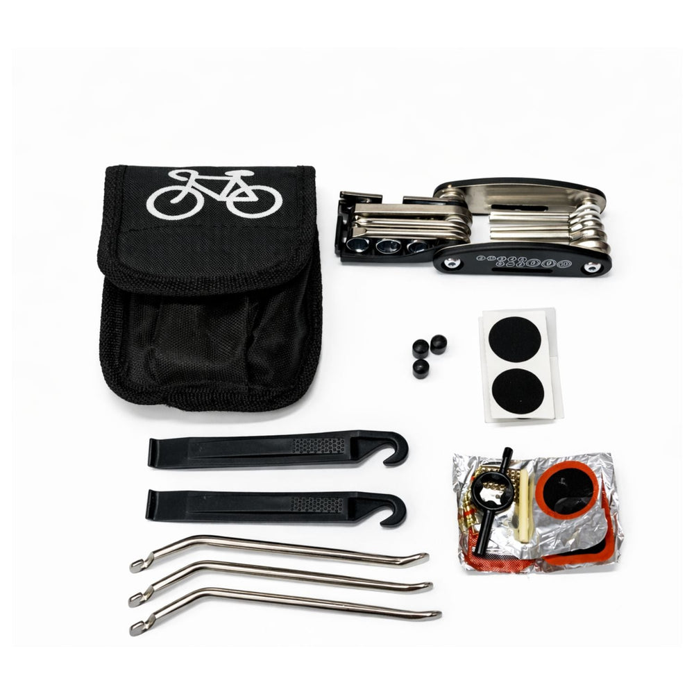 Kit de herramientas 16 en 1 para bicicleta con parches y funda de transporte