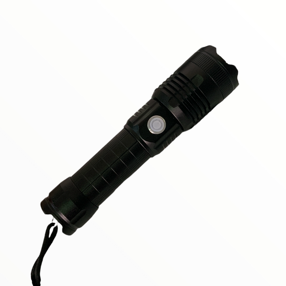 Lámpara LED T9 recargable con zoom, 5 modos y correa de mano