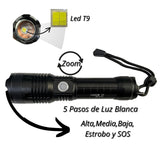 Lámpara LED T9 recargable con zoom, 5 modos y correa de mano — imagen 2 de 3