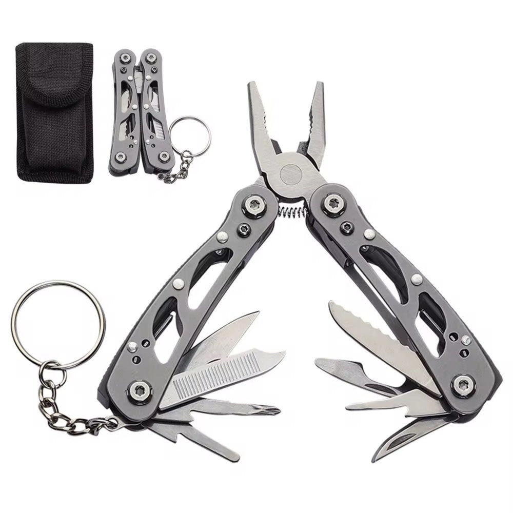 Pinza de bolsillo multiherramienta 11 en 1 con funda y llavero metálico