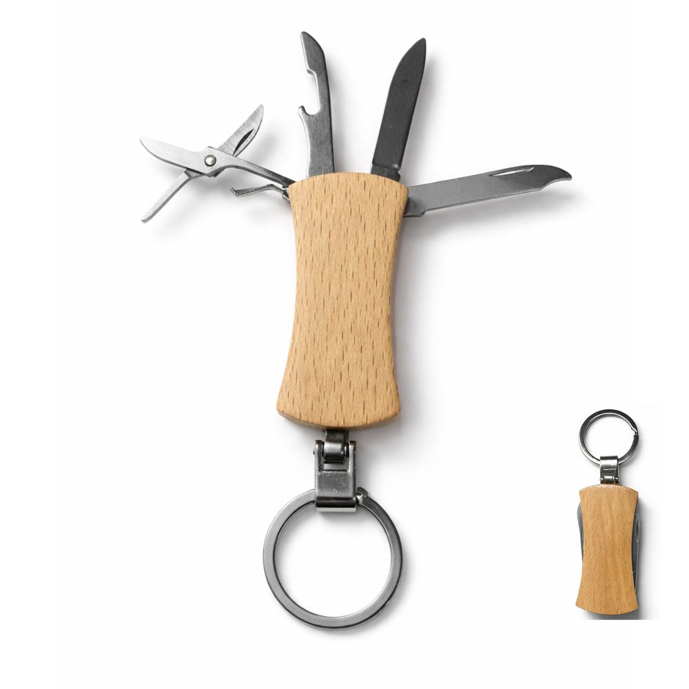 Mini navaja suiza 4 en 1 con llavero y mango tipo madera