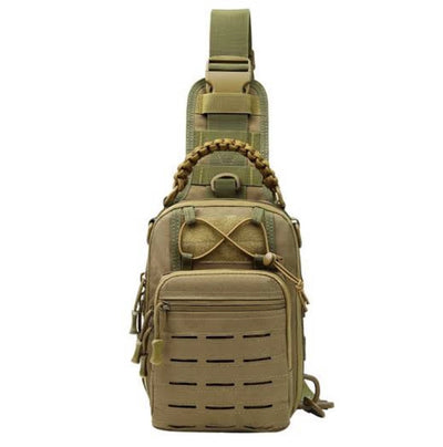 Mochila pechera de corte láser caqui con porta tablet y cuerda paracord