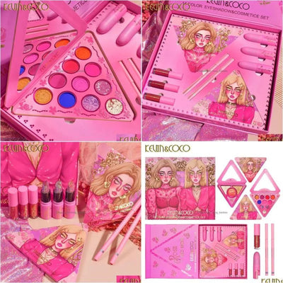 Paleta de maquillaje con sombras, iluminadores y labiales