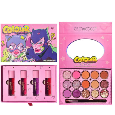 Set de sombras en 15 tonos y labiales en 4 tonos para maquillaje