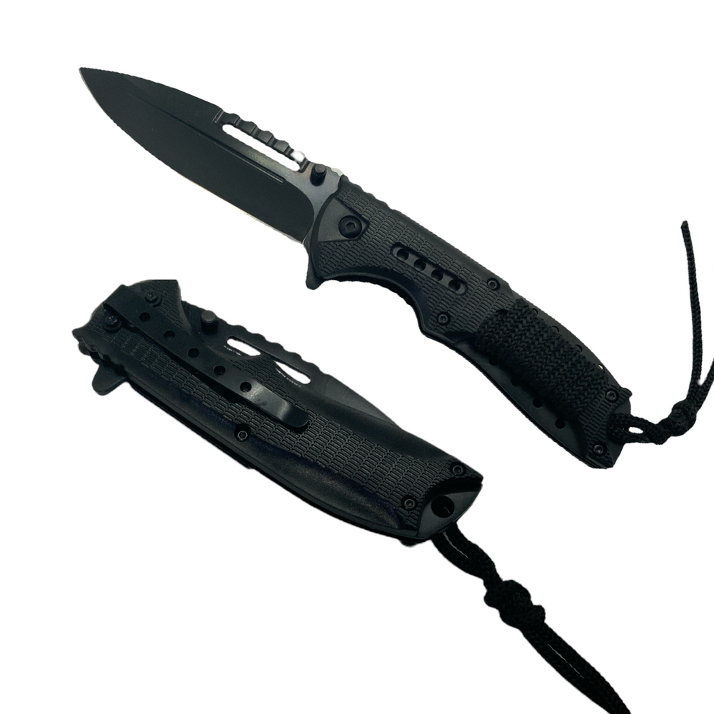 Navaja plegable con cuerda paracord tejida en el mango y clip de bolsillo