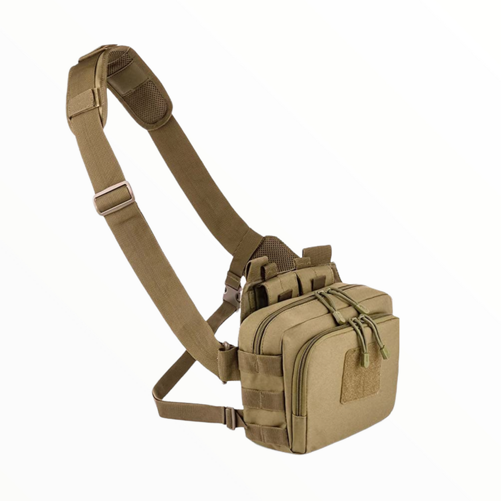 Mochila 2 en 1 tipo mariconera y cangurera color caqui porta cargadores