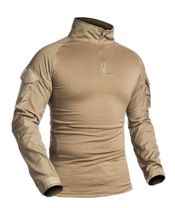 Camisa táctica militar color caqui con abertura para coderas
