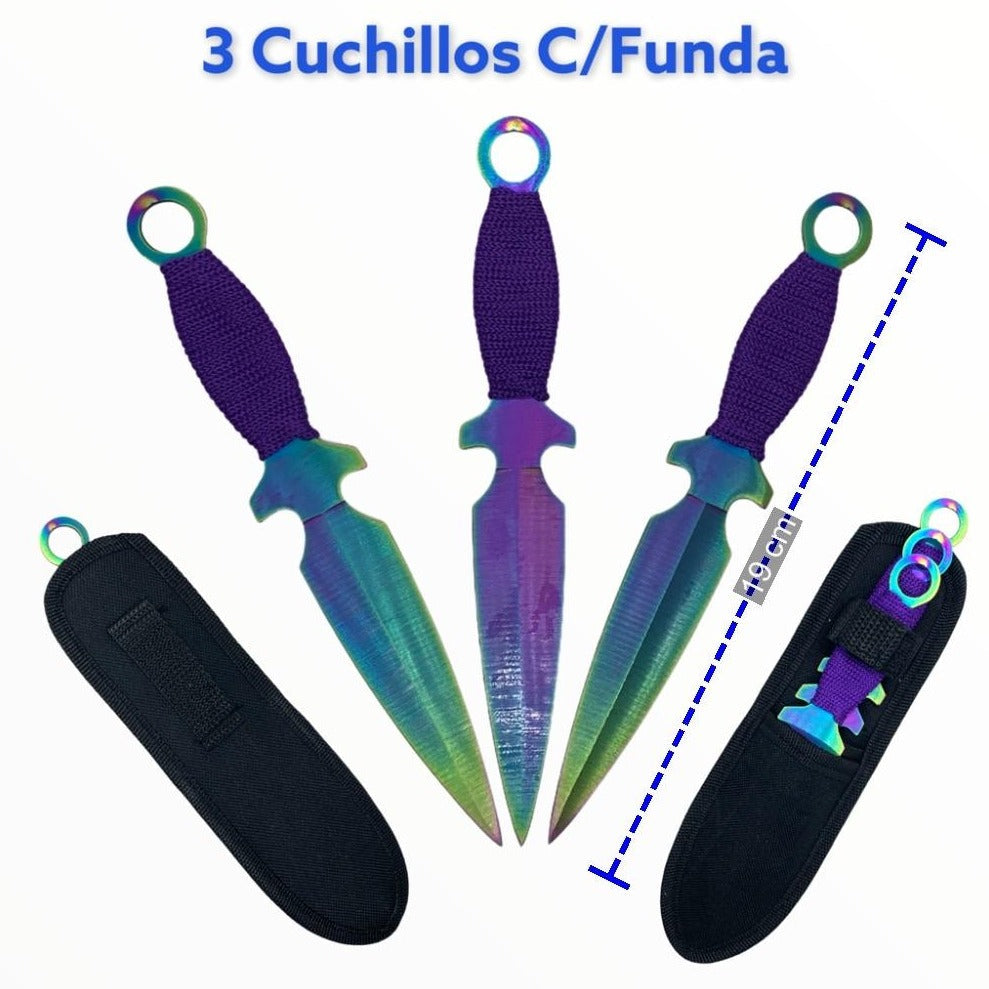 Set de tres cuchillos tornasol de 19 centímetros con funda