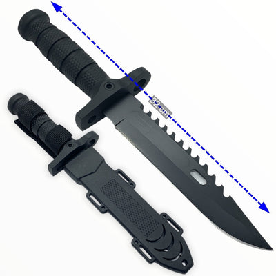 Cuchillo tipo Rambo de 32 cm con hoja serrada y funda de transporte