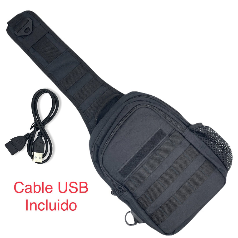 Mochila pechera táctica con puerto USB en color caqui de 6 litros