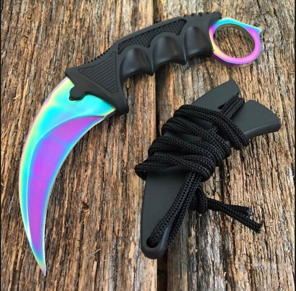 Cuchillo tipo karambit de hoja curva color tornasol con funda