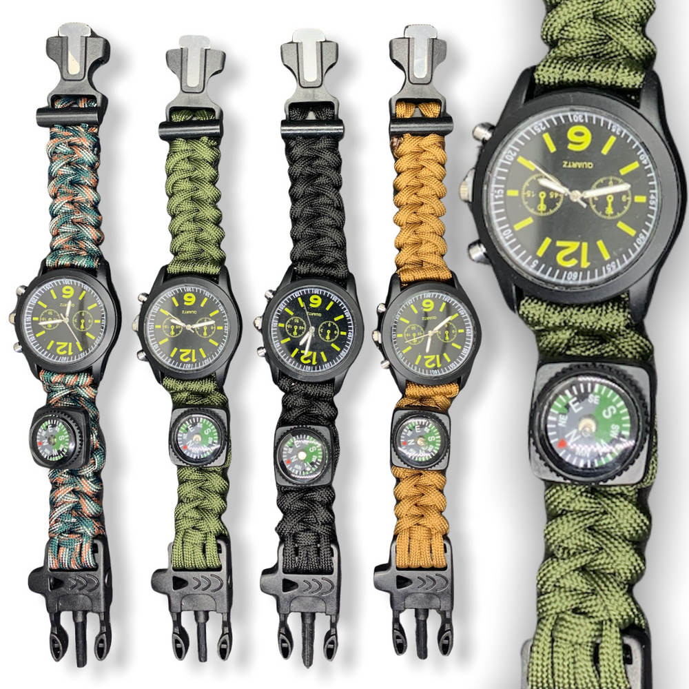 Reloj multifunción 6 en 1 con navaja, pedernal, brújula y correa de paracord