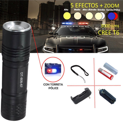 Lámpara LED T6 de 3000 lúmenes con efecto patrulla rojo y azul