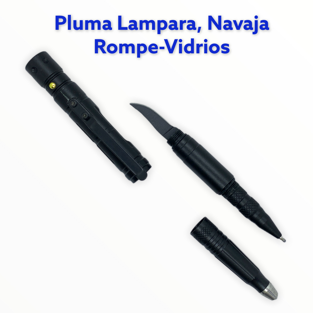 Pluma metálica con lámpara, navaja oculta y rompevidrios integrado