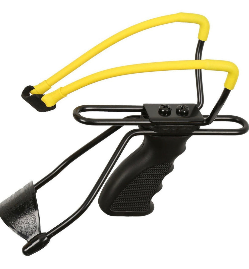 Resortera profesional ajustable con apoyo de antebrazo en negro y naranja