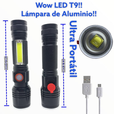Lámpara LED T9 con zoom ajustable, cob lateral y carga USB